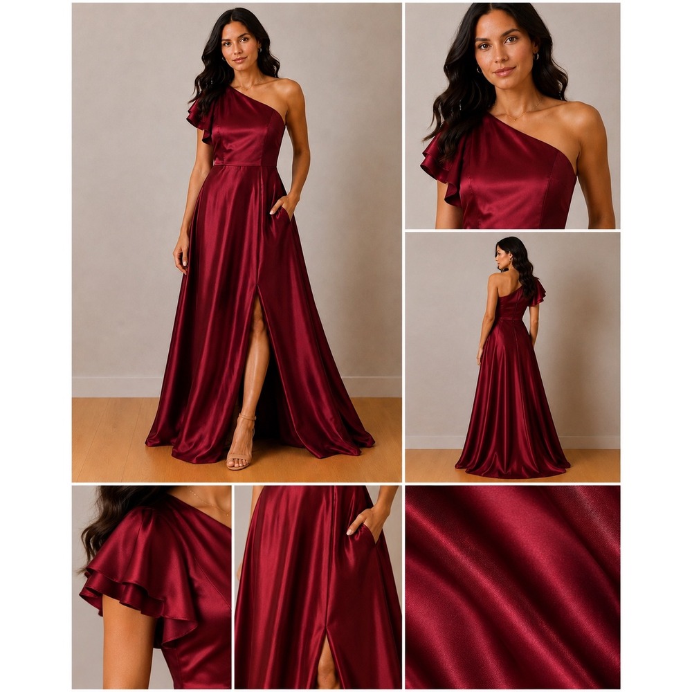 JJs House Burgundy Satin One Shoulder Ruffle Maxi‎ Gown Dress Pockets Size 4 NEW